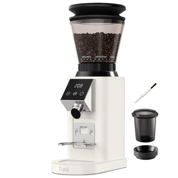 Conical Burr Coffee Grinder, 48 Grind Settings Anti-static Burr Mill, Precision Electronic Timer and LED Touchscreen for Espresso/Drip/Cold Brew/French Press, Stainless Steel, Ivory