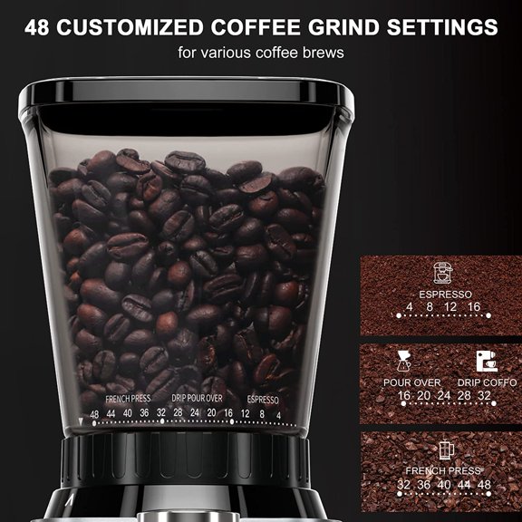 Conical Burr Coffee Grinder, Anti-static Electric Coffee Bean Grinder for Home Use, 48 Adjustable Grind Settings for 2-12 Cups (Black)$$Home Decor, Kitchen, & Other