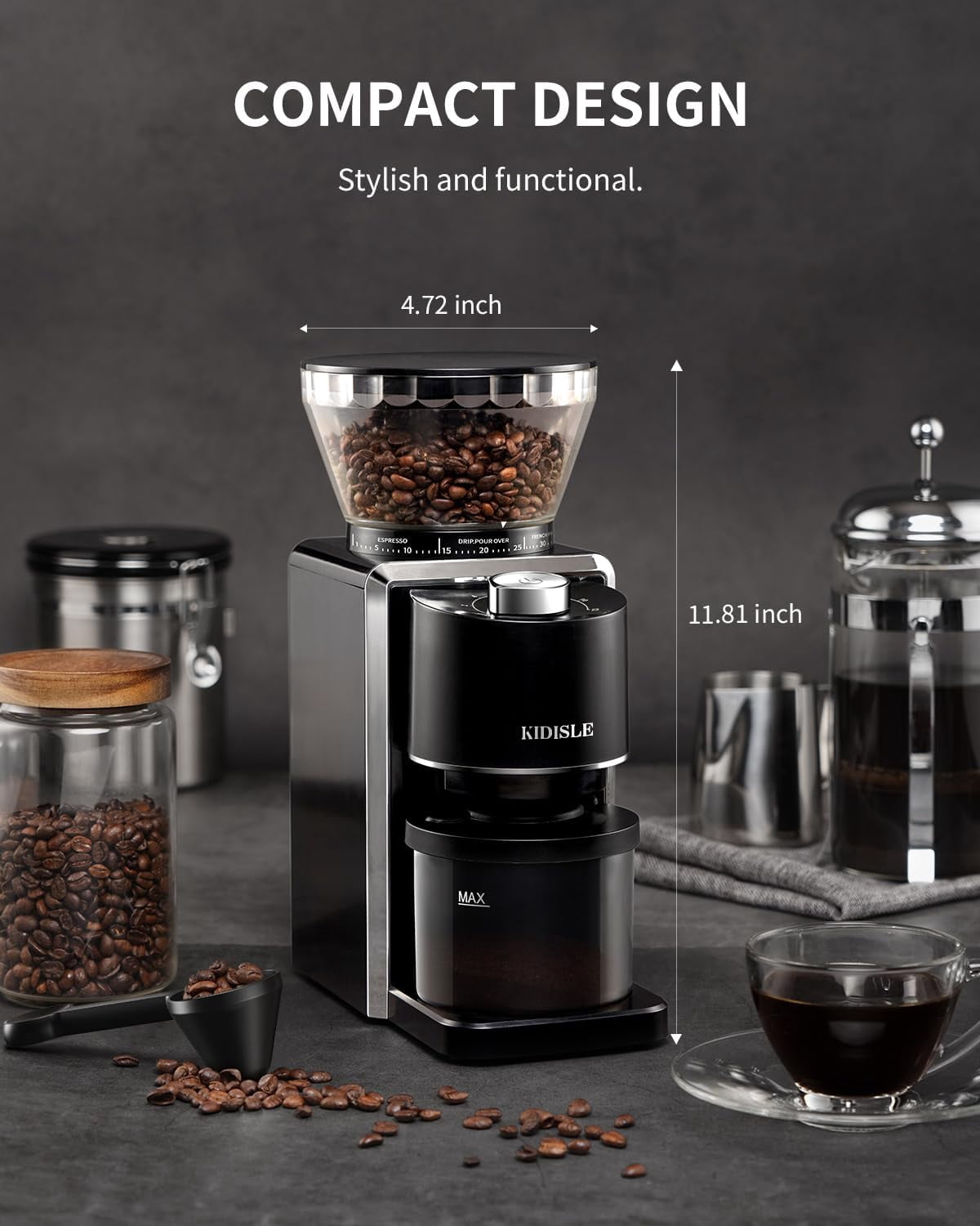 Conical Burr Coffee Grinder, Electric Coffee Bean Grinder for Precise Grinding, 35 Settings, 2–12 Cup Selector, Anti-Static Design for Home Use, Black
