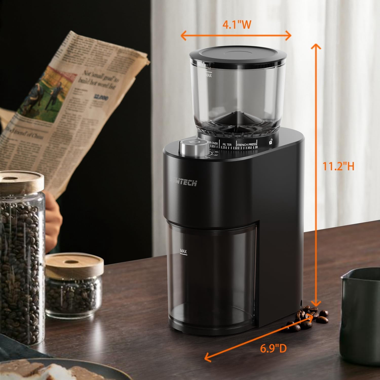 Conical Burr Coffee Grinder with 38 Settings & Timer for Espresso, Drip, French Press