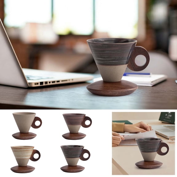 Conical Ceramic Coffee Mug | Vintage Coarse Pottery | Frosted Textured Funnel Shape | Wooden Handle & Base Included | Modern Home Drinkware | 200ml Capacity | Heat Insulated