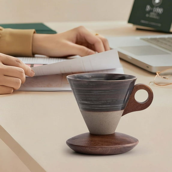 Conical Ceramic Coffee Mug with Wooden Handle and Base, 200ml Vintage Coarse Pottery Cup for Pour Over Coffee and Tea, Heat Insulated Handheld Cup