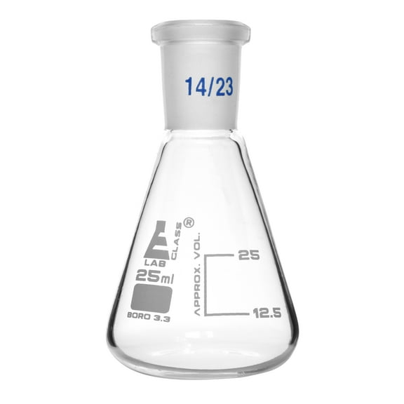 Conical Flask, 25ml - Interchangeable Joint, Socket Size 14/23 - White Graduations - Borosilicate Glass - Eisco Labs