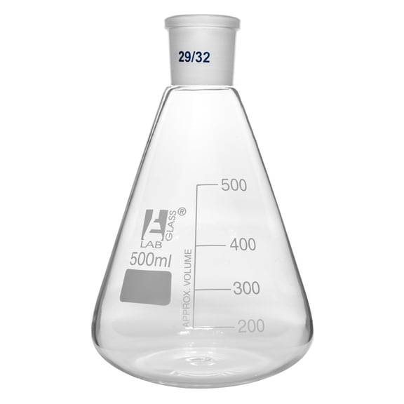 Conical Flask, 500ml - With Interchangeable Joint, Socket Size 29/32 - White Graduations - Borosilicate Glass - Eisco Labs