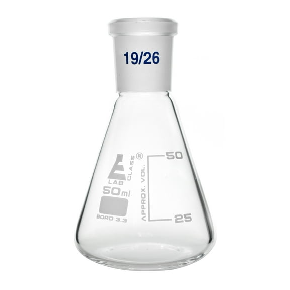Conical Flask, 50ml - With Interchangeable Joint, Socket Size 19/26 - White Graduations - Borosilicate Glass - Eisco Labs