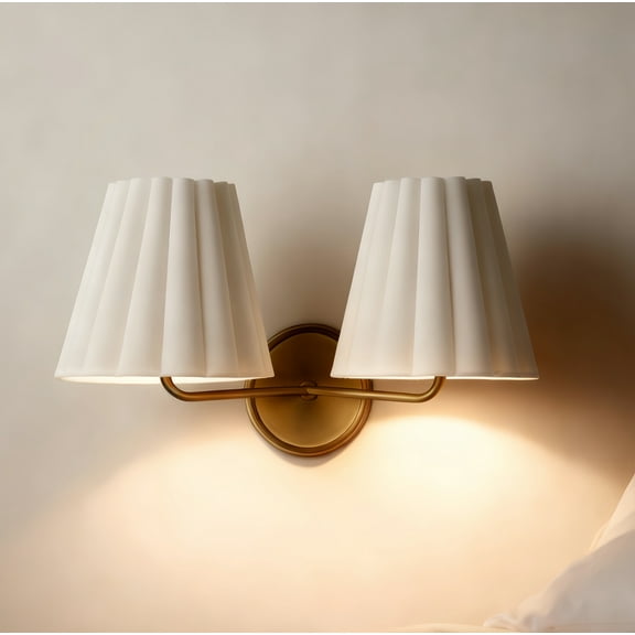 Conical Ivory Ruffled Linen Shade Double Sconce with Brass Plate, Classic Charm Wall Lamp, Natural Wall Light for Hallway, Entryway, Kitchen, Bedroom, Living Room