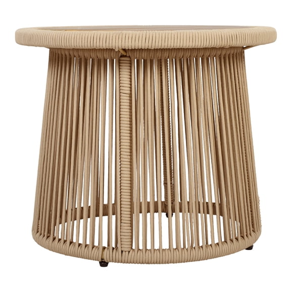 Conical Light Beige Rope Side Table, Teak Finish Acacia Wood Top, 150 lbs Capacity, No Assembly Required, Modern Open-Weave Round Accent Table for Patio Backyard Living Room