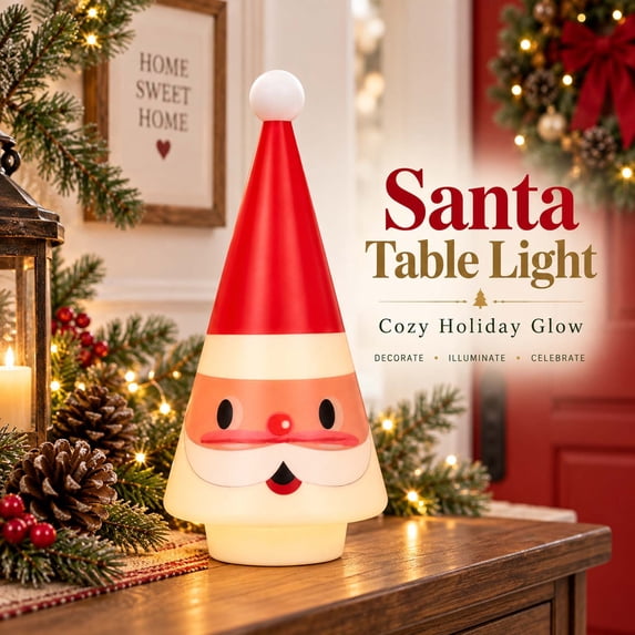 Conical Santa Claus Tabletop Decoration, Cute Wooden Resin Santa Figurine With White Hat, Christmas Decor, 8in Lighted Indoor Holiday Tabletop Decor for Mantel Desk Shelf, Multicolor