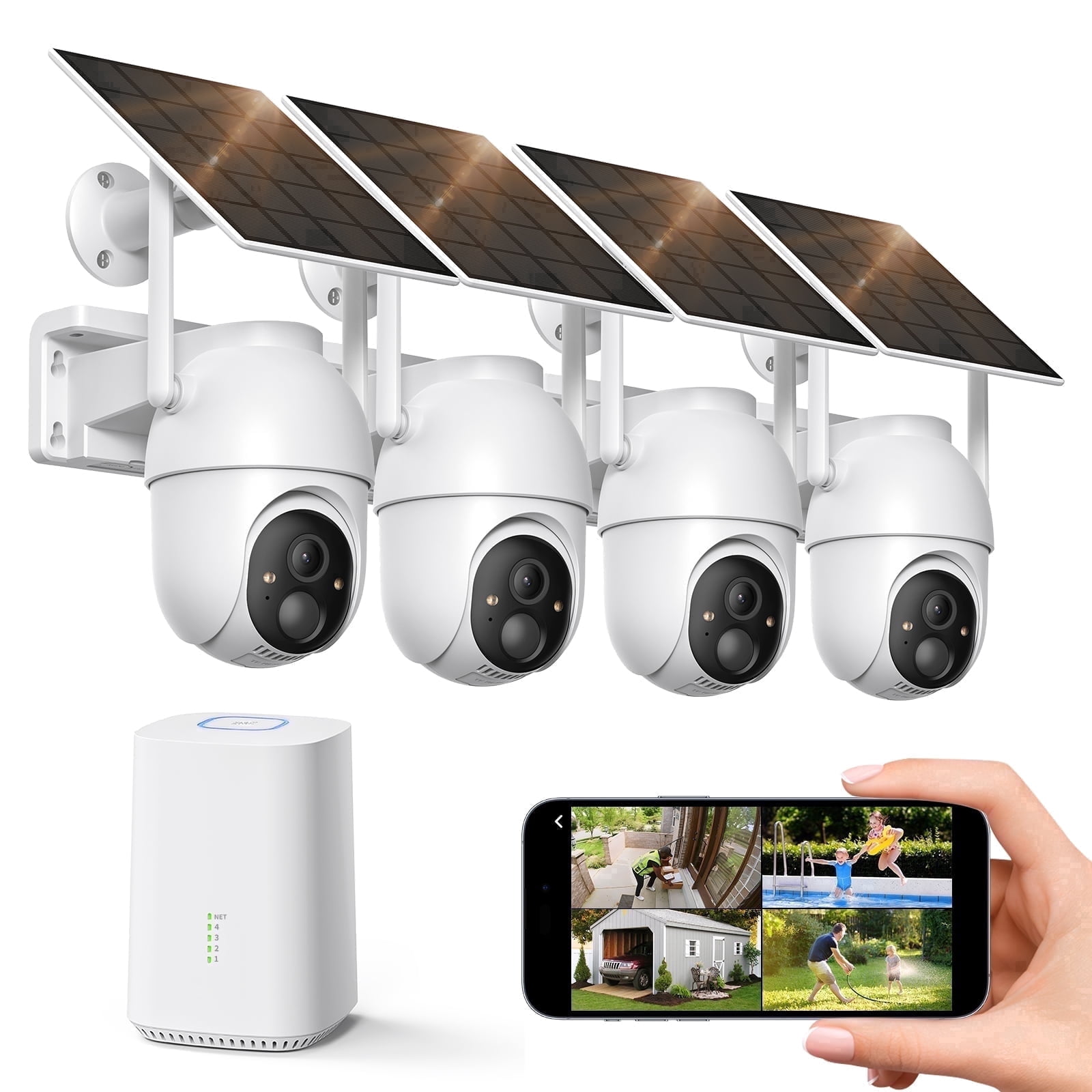 Conico Solar Security Camera System Wireless Outdoor, 4-Camera Home WiFi Surveillance Kit with Base Station, No Monthly Fee, 2K 360° Pan, Color Night Vision, PIR Human Detection, IP65 Weatherproof