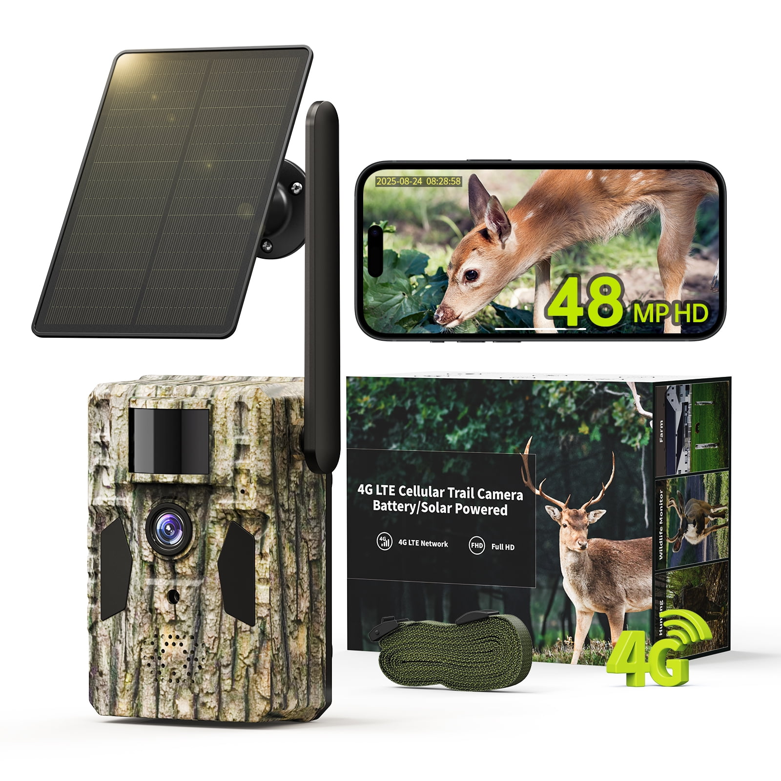 Conico 4G LTE Cellular Trail Camera, Upgraded 48MP Solar Hunting Camera with 2K Video, Black Light Color Night Vision, 0.1s PIR Motion Detection, Waterproof for Wildlife & Outdoor Security