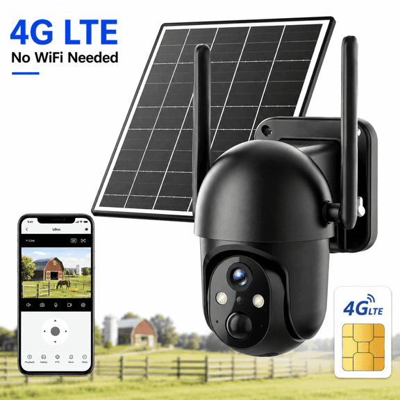 Conico 4G LTE Solar Cellular Security Camera, Black, 2K PTZ Wireless Outdoor Camera with Full-Color Night Vision, AI Human Detection, No WiFi Needed