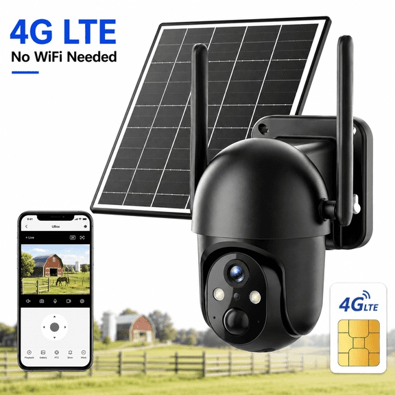 Conico 4G LTE Solar Cellular Security Camera, Black, 2K PTZ Wireless Outdoor Camera with Full-Color Night Vision, AI Human Detection, No WiFi Needed