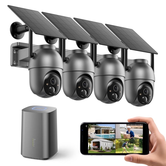 Conico Outdoor Wireless Solar Security Camera System, 4-Camera WiFi Home Surveillance Kit with Base Station, 2K PTZ, Color Night Vision, PIR Human Detection, IP65, Silver