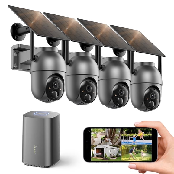 Conico Solar Security Camera System, 4 Wireless Outdoor Cameras with Base Station, No Monthly Fee, 2K 360° View, Color Night Vision, PIR Human Detection, IP 65
