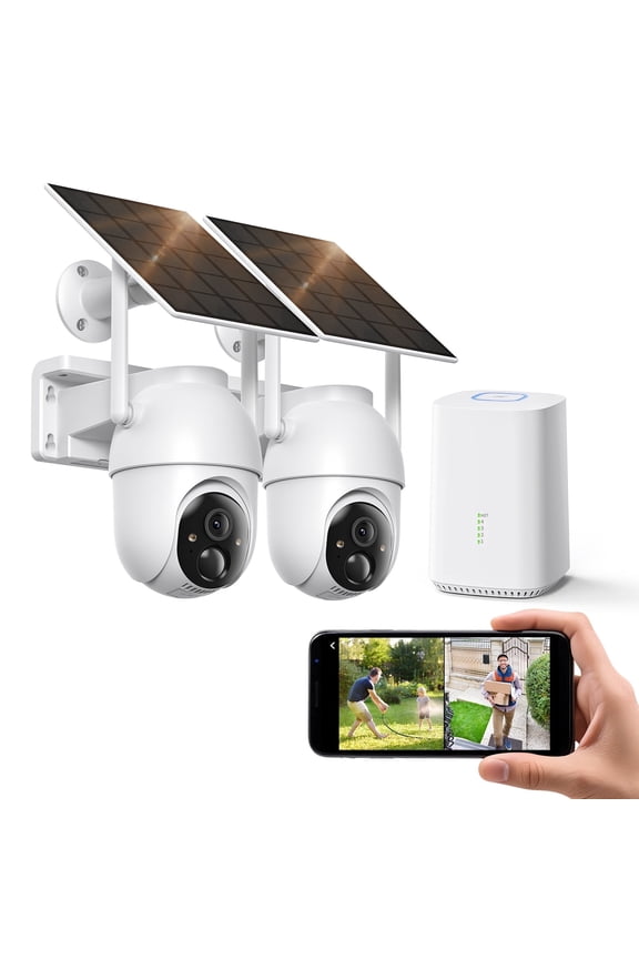 2-Camera Wireless Security Camera System with Base Station, No Monthly Fee, Outdoor Security Camera Wireless, 2K 360° View, Solar Powered, Night Vision, Home Surveillance Cameras