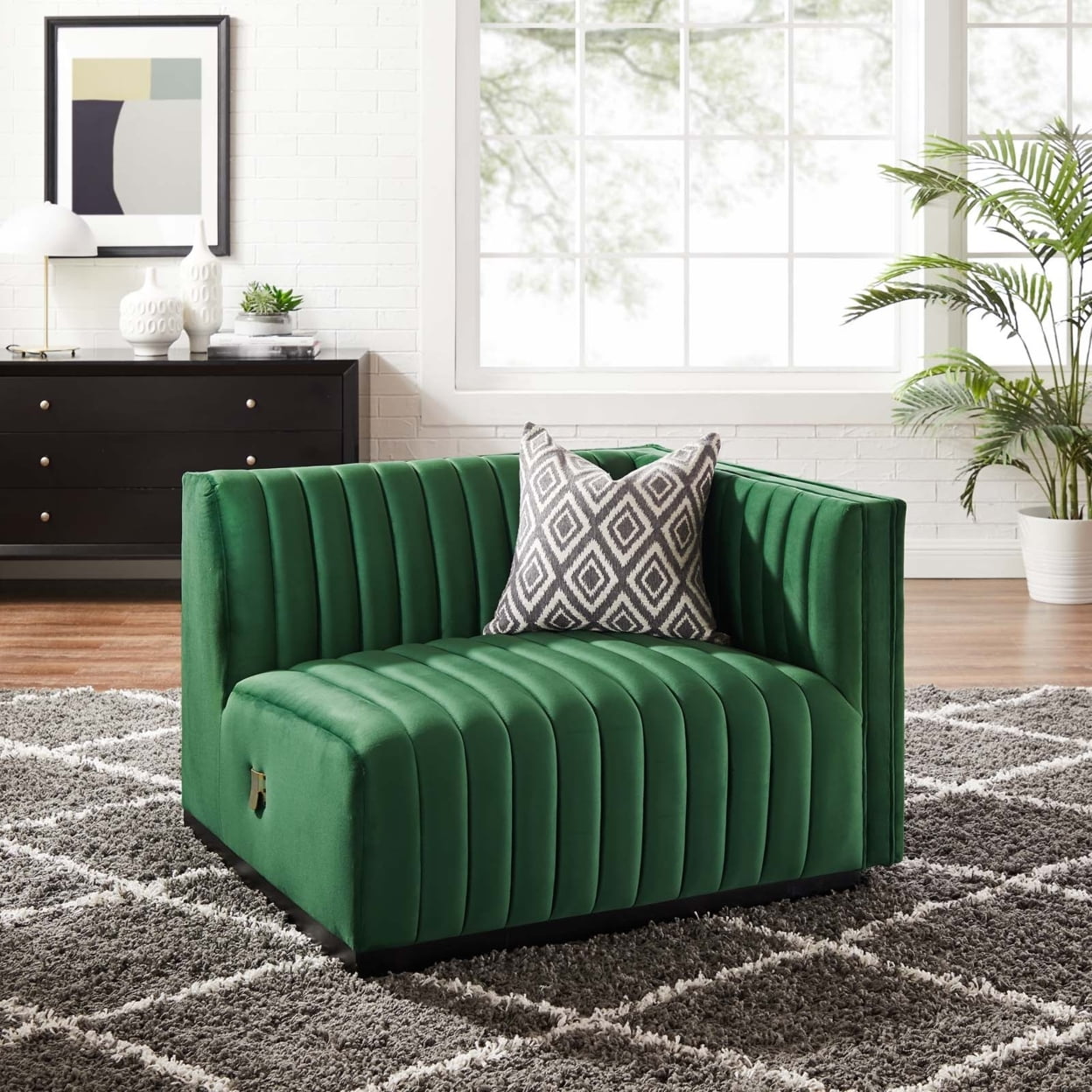 Emerald Velvet Luxe Channel-Tufted Right-Arm Chair with Matte Black Base