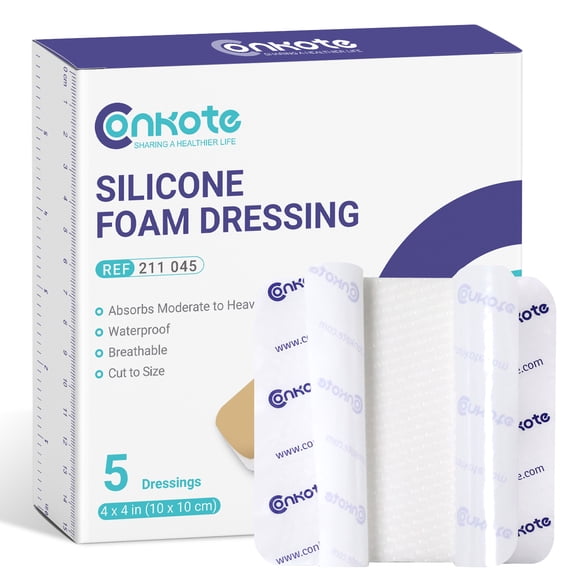 Conkote Silicone Adhesive Foam Dressing Without Border for 5 Pack, 4"x4" Highly Absorbent Wound Dressings for Post-Operative, Pressure Ulcers, Diabetic Foot Ulcers, Venous Leg Ulcers