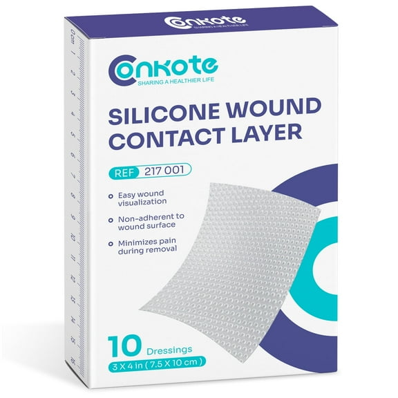 Conkote Silicone Wound Contact Layer Dressing 3"x4", Transparent Wound Dressing for Skin Tear, Prevent Wound Adherence, Box of 10 Dressing