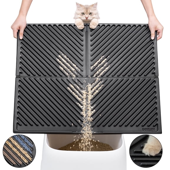 Conlun 30" x 24" Arched Crossbar Cat Litter Mat,Waterproof & Urine Proof Single-Layer Trapping Mat,Soft EVA Paw-Friendly Design,Black