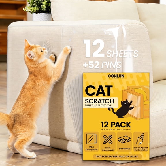Conlun 12 Pack Cat Scratch Furniture Protectors - Clear Adhesive Couch Guard for Cats & Dogs - 12 Sheets + 52 Twist Pins, Transparent Detergent for Upholstered