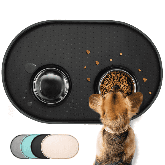 Conlun Dog Food Mat,BPA-Free Silicone Pet Food Mats for Floor Waterproof,1/2 Inch Raised Edges Cat Dog Feeding Mat(Black,24"x16")