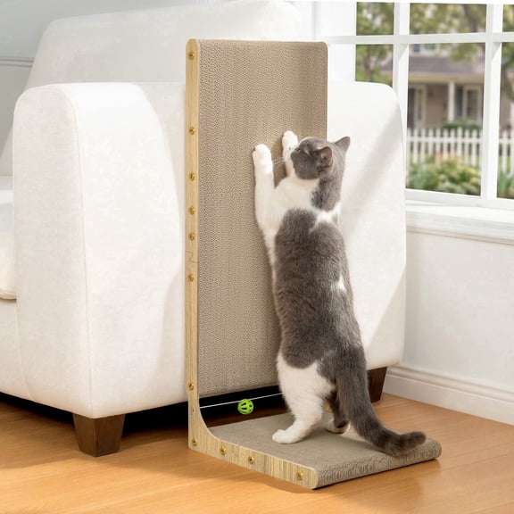 Conlun L-Shaped Cat Scratcher for Indoor Cats, Vertical Wall Scratching Board & Cosy Lounge Bed, High-Density Cardboard Sofa Protector with Bell Toy