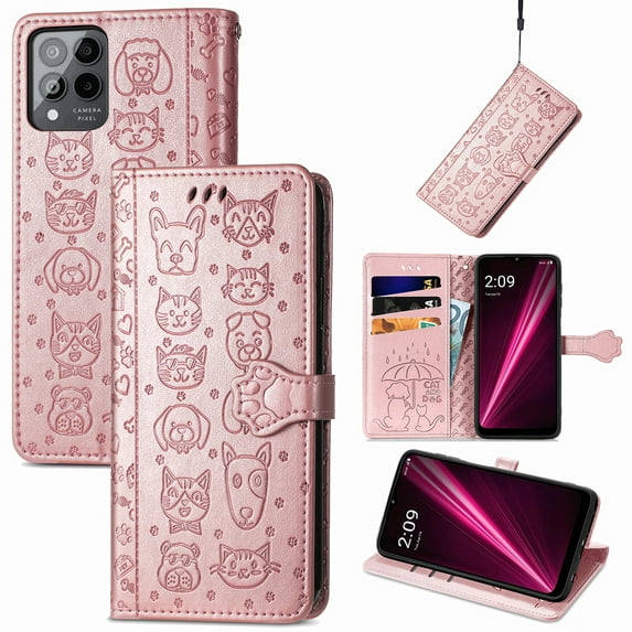 Conmpatible for T-Mobile REVVL 6 Pro 5G Wallet Case with Card Holder, Lovely Cartoon Cat & Dog Animal Embossed Pattern PU Leather Flip Cover Kickstand Magnetic Clasp Shockproof Case, Rosegold