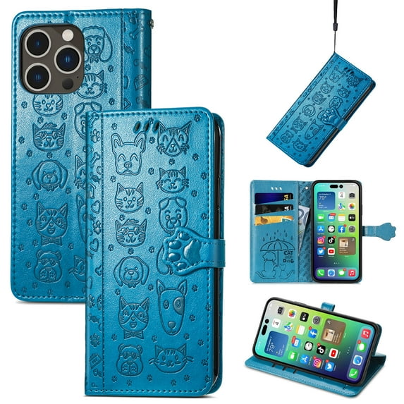 Conmpatible for iPhone 12 Pro Max Wallet Case with Card Holder, Lovely Cartoon Cat & Dog Animal Embossed Pattern PU Leather Flip Cover Kickstand Magnetic Clasp Shockproof Case, Blue