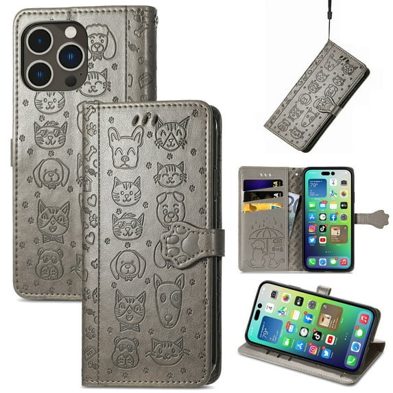 Conmpatible for iPhone 12 Pro Max Wallet Case with Card Holder, Lovely Cartoon Cat & Dog Animal Embossed Pattern PU Leather Flip Cover Kickstand Magnetic Clasp Shockproof Case, Gray