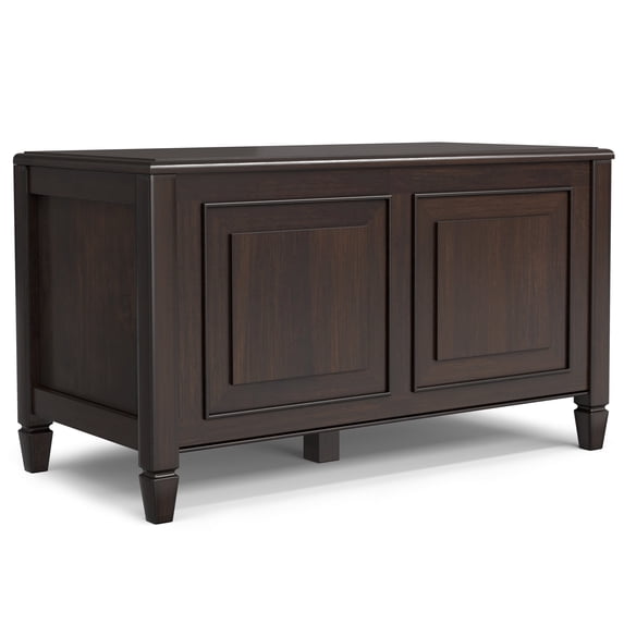 Simpli Home Connaught 36 inch Wide Solid Wood Traditional Small Storage Bench Trunk in Chestnut Brown