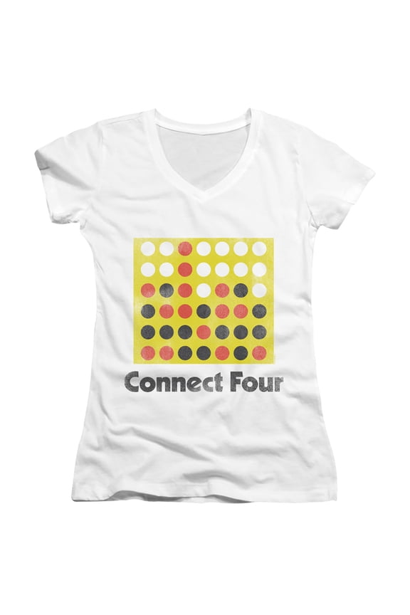 Connect Four Classic Logo Distressed Junior Women's V-Neck T-Shirt White