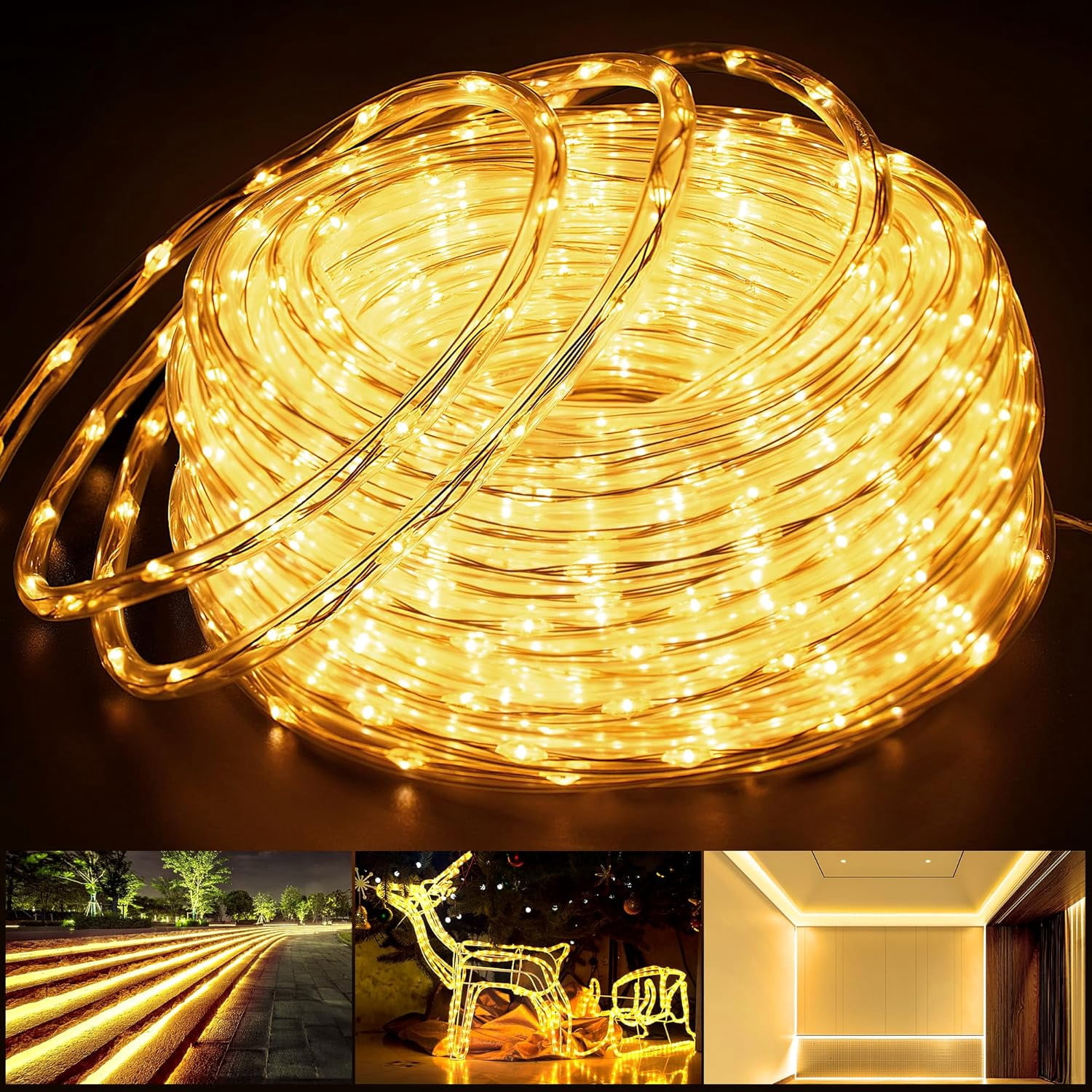 Connectable 66FT 800 LED Rope Lights Outdoor, Warm White Rope Light ...