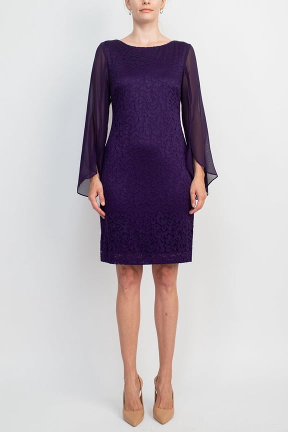 Boat Neck Chiffon Long Sleeve Bodycon Embroidered Dress-EGGPLANT / 10