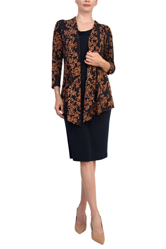 Cowl Neck Straight Midi Dress with Attached Three-Quarter Sleeves Jacket Color: MIDNIGHT, Size: 10