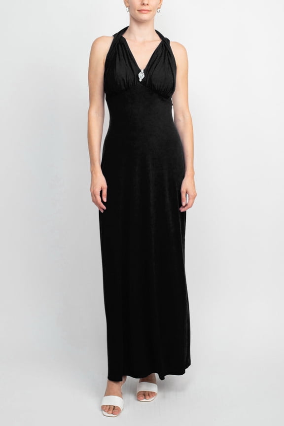 Crossed Neck Sleeveless Jewelry Front Detail Ruched Empire Waist Solid Jersey Dress-BLACK / 4