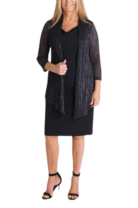 Metallic Cardigan Three Quarter Sleeves Sheath Dress Color: NAVY, Size: 6