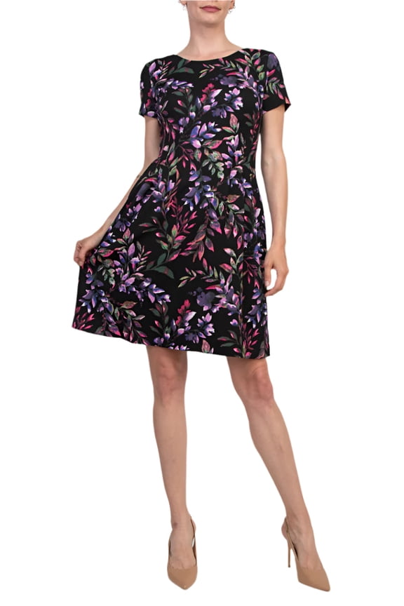 Rounded Boat Neckline All-Over Floral Print Side Seam Pockets A-Line Dress Color: CHERRY, Size: 4