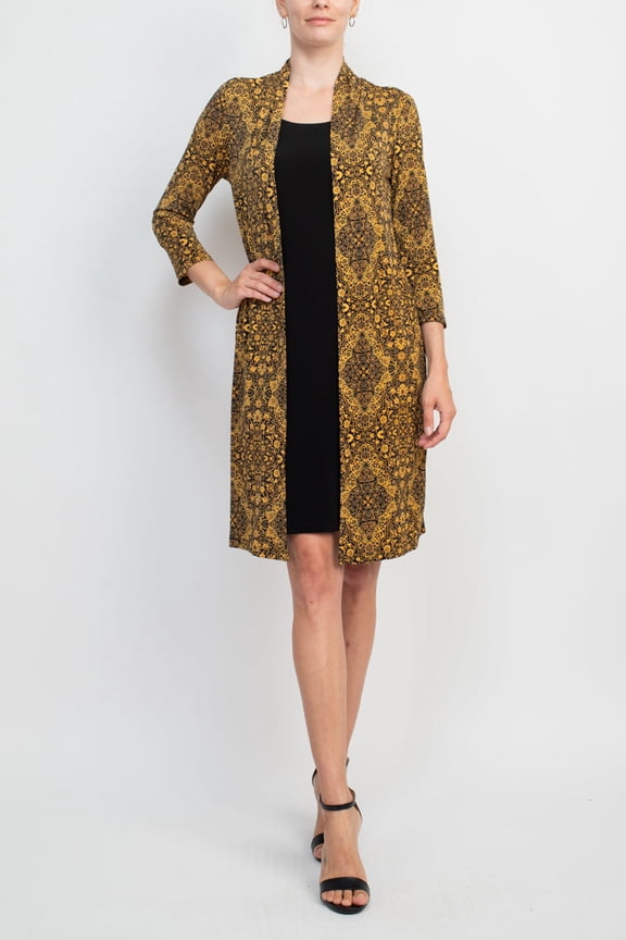 Scoop Neck Long Sleeve Faux Jacket ITY Dress-MUSTARD / 8