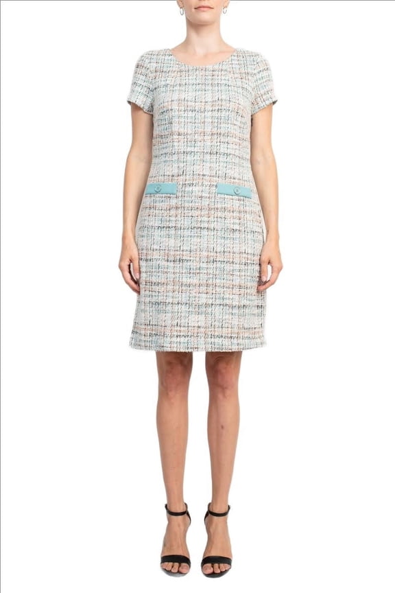 Scoop Neck Short Sleeve Faux Pockets Shift Knit Dress-DUSTY AQUA / 10