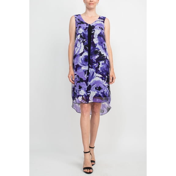 Connected Apparel Scoop Neck Sleeveless Floral Print Chiffon Overlay Stretch Crepe Dress-DARK PURPLE / 4