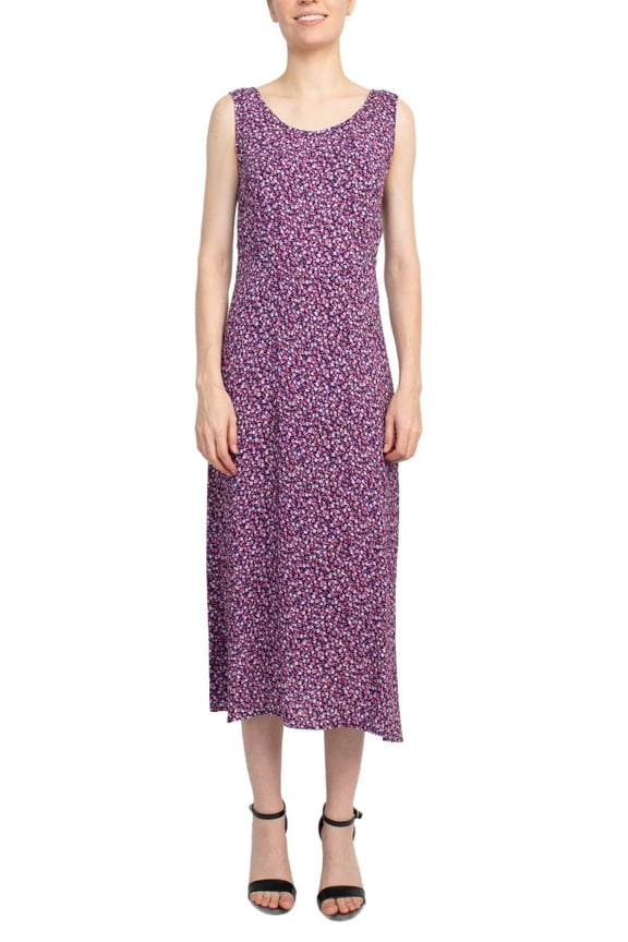 Scoop Neck Sleeveless Multi Print String Tie Back Fit & Flare Rayon Dress-MAUVE / 6