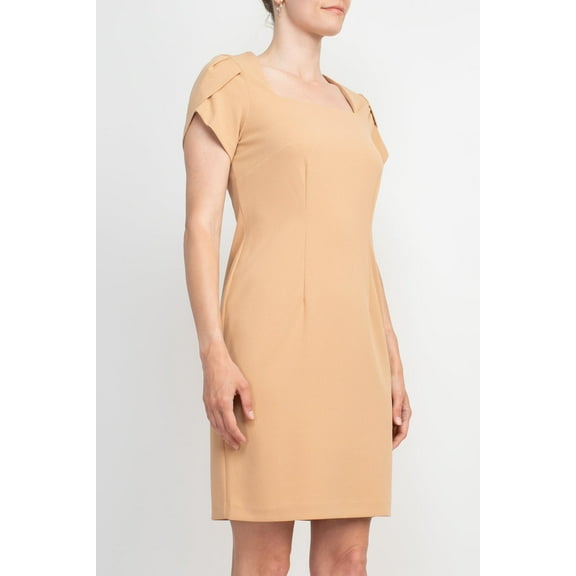 Connected Apparel Square Neck Short Sleeve Zipper Back Bodycon Solid Stretch Crepe Dress-CARAMEL / 4