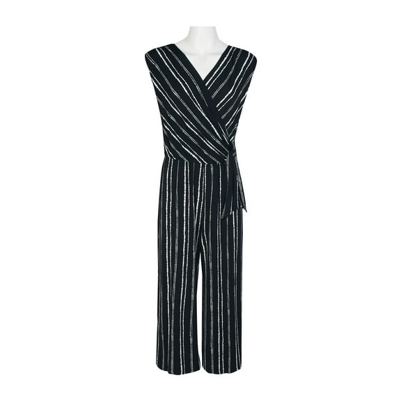 Connected Apparel Surplice Neck Sleeveless Faux Tie Side Jersey Jumpsuit-BLACK / 4