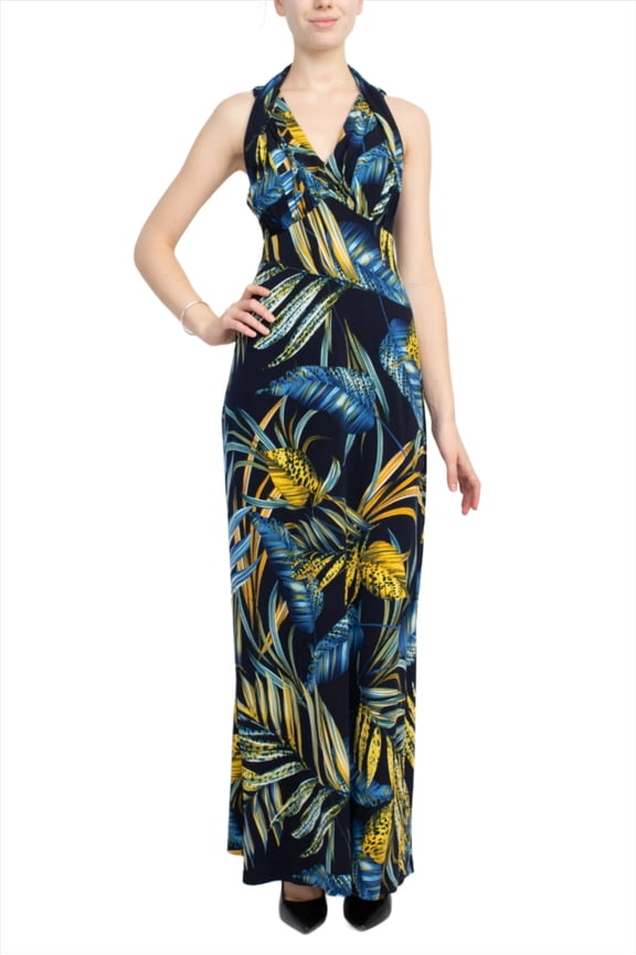Connected Apparel V-Neck Crossed Shoulder Empire Waist Multi Print Jersey Maxi Dress by Curated Brands