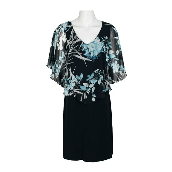 Connected Apparel V-Neck Floral Print Cape Sleeve Chiffon & ITY Dress-SEAFOAM / 4