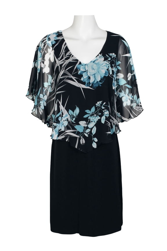 V-Neck Floral Print Cape Sleeve Chiffon & ITY Dress-SEAFOAM / 6