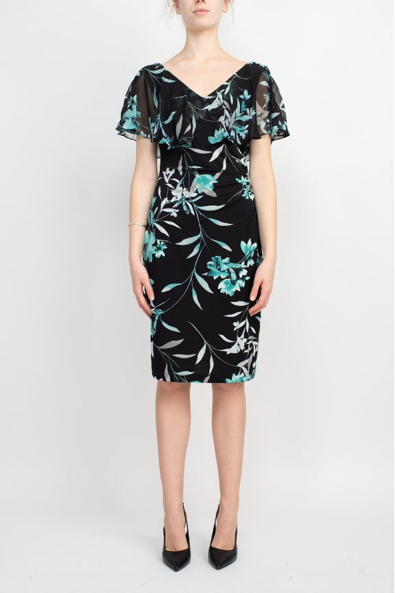 V-Neck Sleeveless Floral Print Chiffon Overlay Gathered Side Floral Print ITY Dress-SEAFOAM / 4