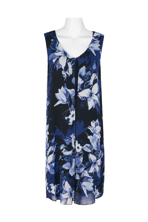 V-Neck Sleeveless Floral Print Chiffon Overlay Slit Side Dress-COBALT / 16