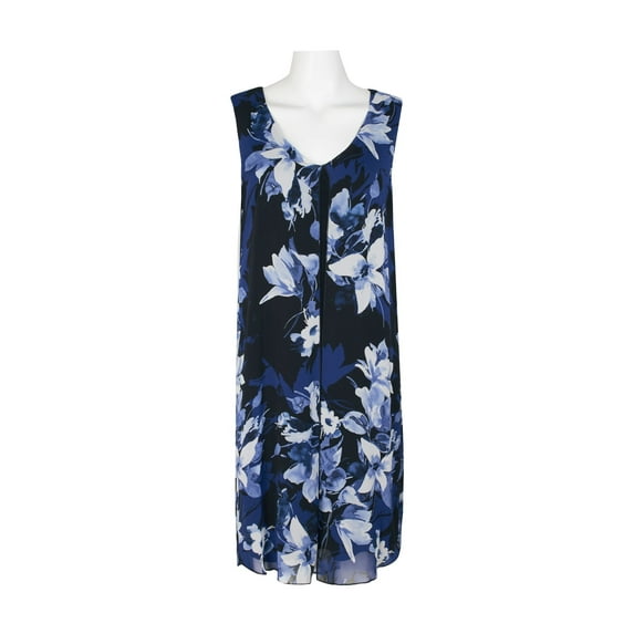 Connected Apparel V-Neck Sleeveless Floral Print Chiffon Overlay Slit Side Dress-COBALT / 4