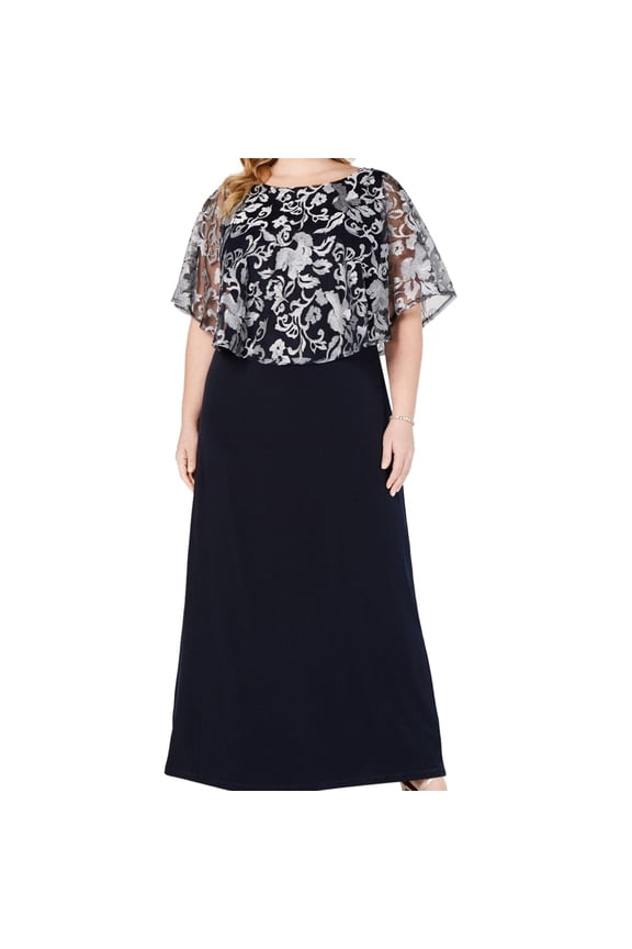 Womens Embroidered Floral Gown Dress, Blue, 14